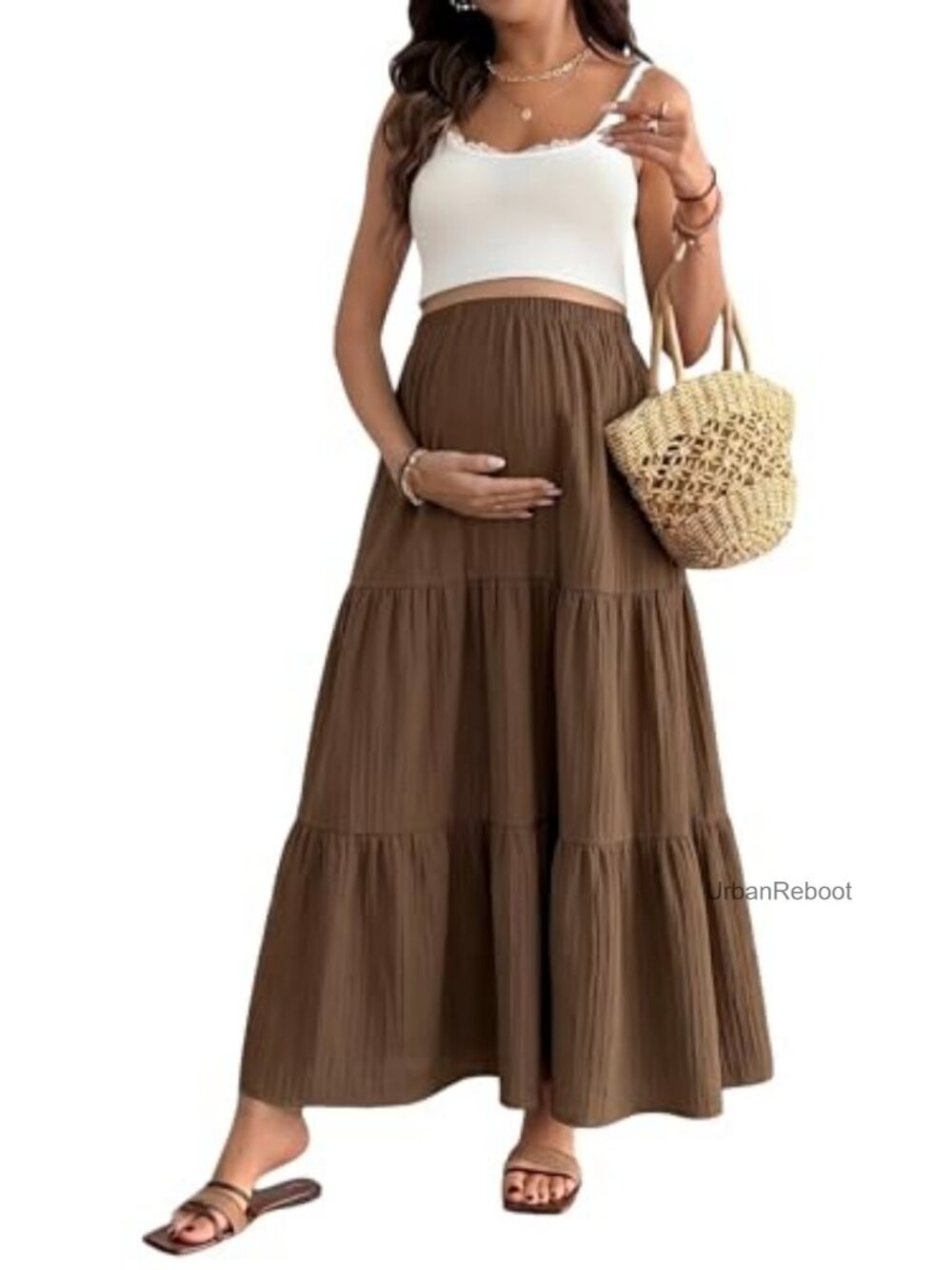Maternity Ruffle Maxi Skirt, High Elastic Waist Flowy Boho Long Skirt